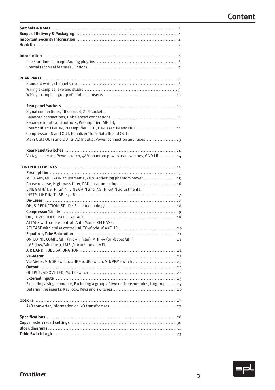 Content, Frontliner | SPL Frontliner Modular Recording Channel User Manual | Page 3 / 34