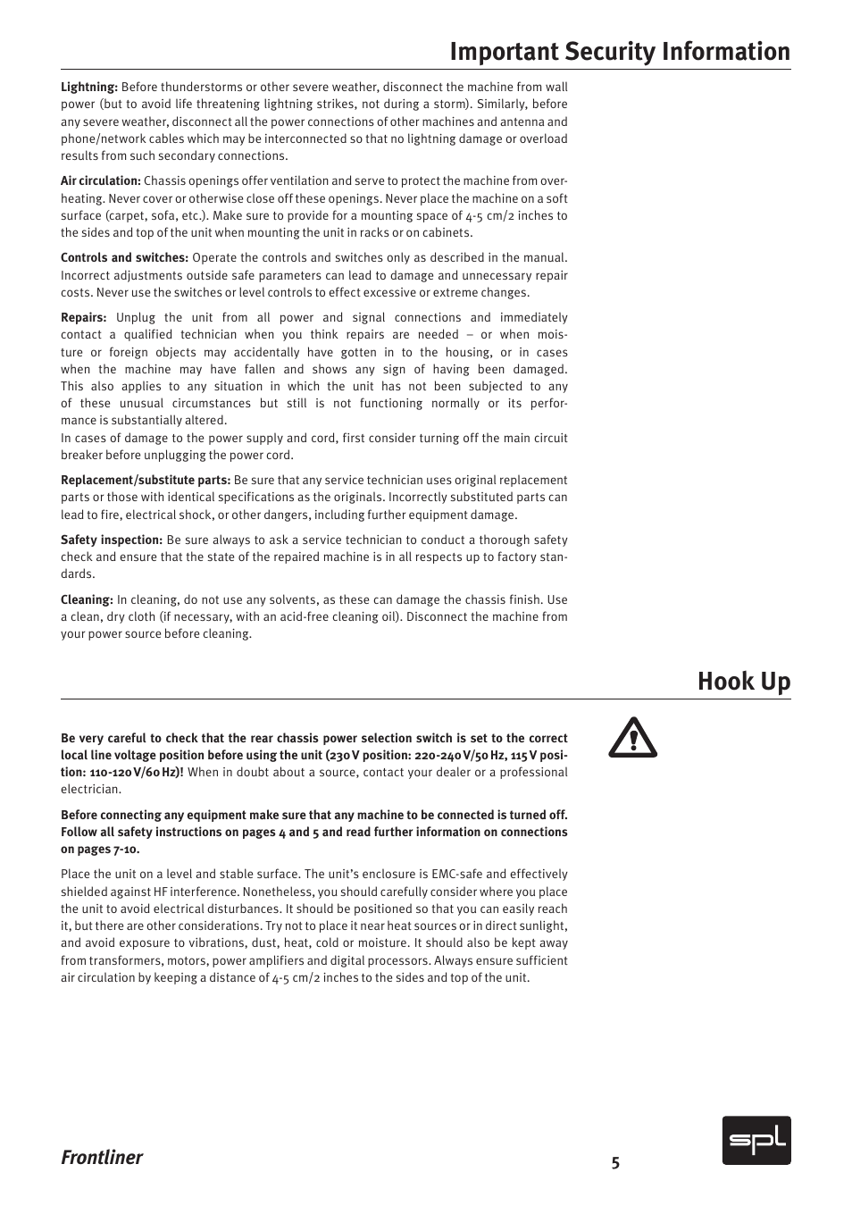 Important security information hook up, Frontliner | SPL Frontliner Modular Recording Channel User Manual | Page 5 / 34