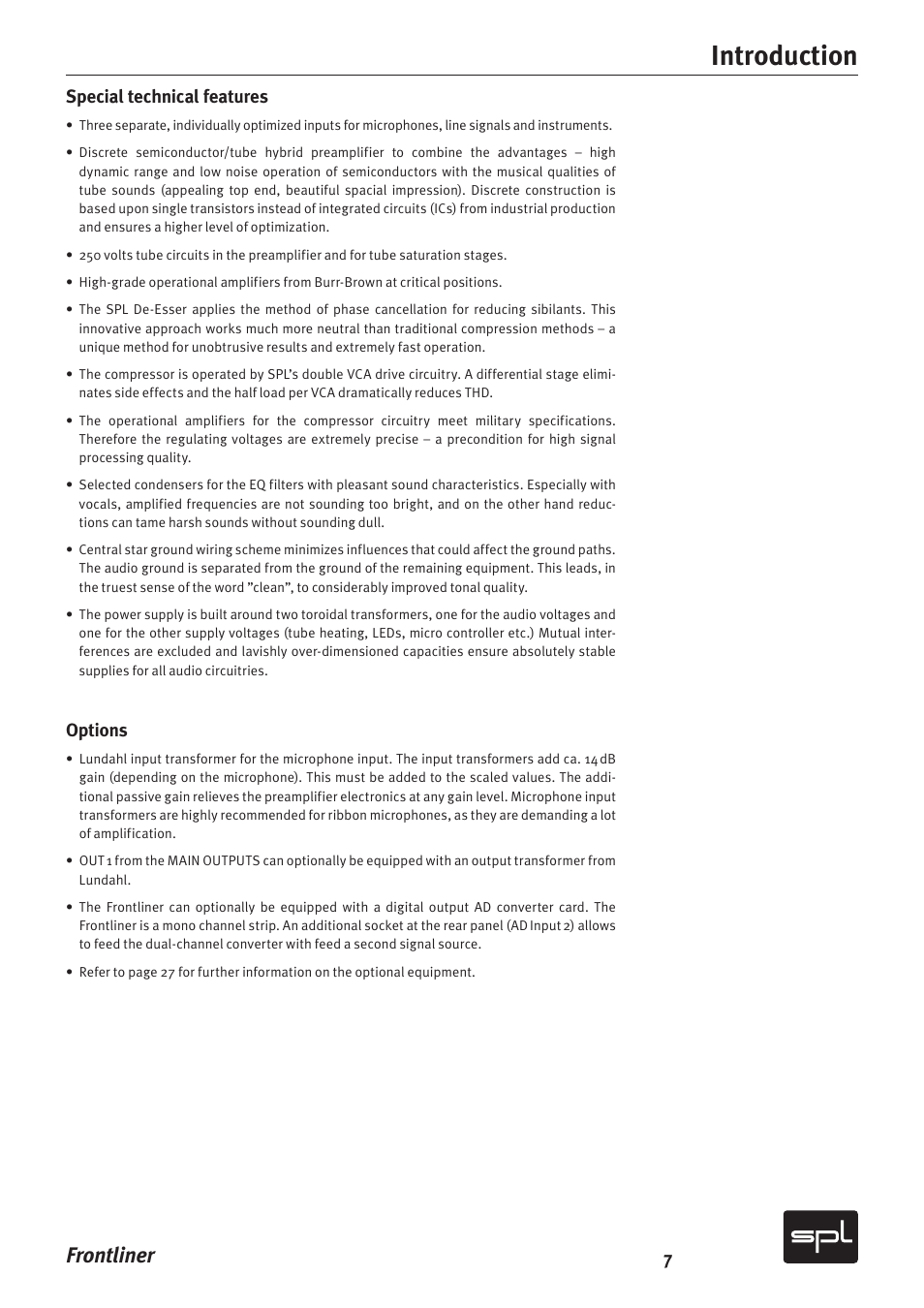 Introduction, Frontliner, Special technical features | Options | SPL Frontliner Modular Recording Channel User Manual | Page 7 / 34