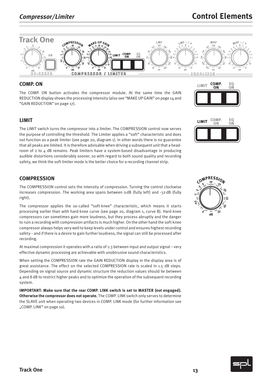 Control elements, Compressor/limiter | SPL Track One Channel Strip User Manual | Page 13 / 22