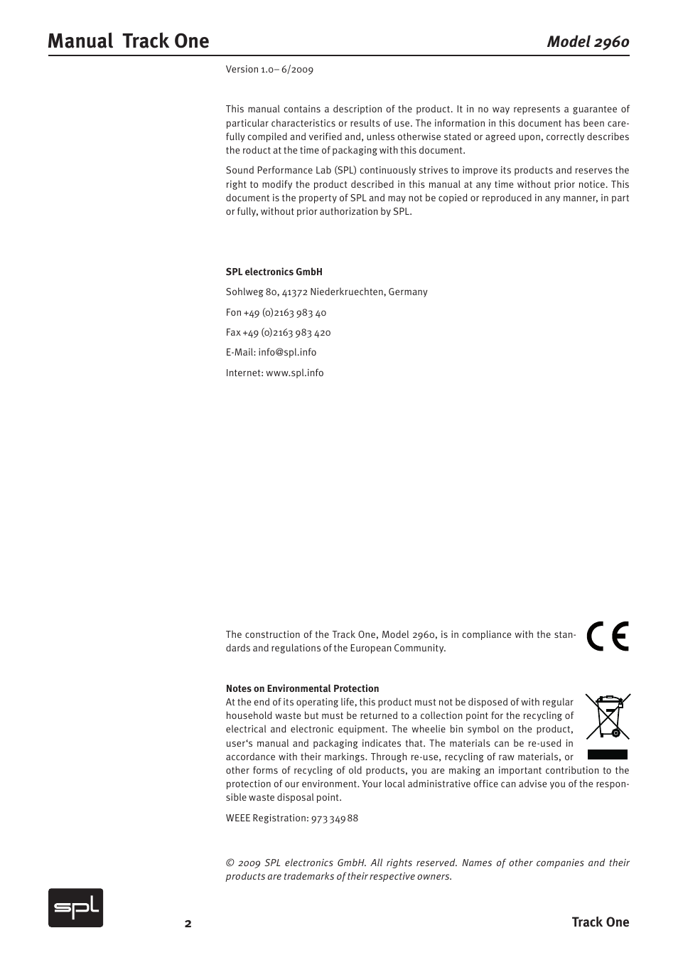 Manual track one, Model 2960 | SPL Track One Channel Strip User Manual | Page 2 / 22