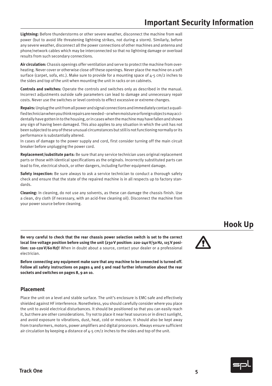 Important security information hook up, 5track one, Placement | SPL Track One Channel Strip User Manual | Page 5 / 22