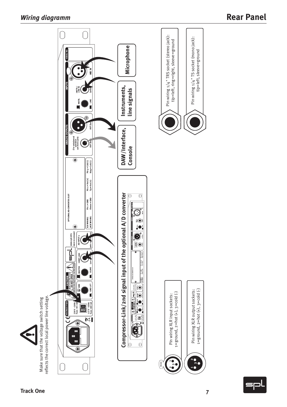 Rear panel, Wiring diagramm, 7track one | SPL Track One Channel Strip User Manual | Page 7 / 22