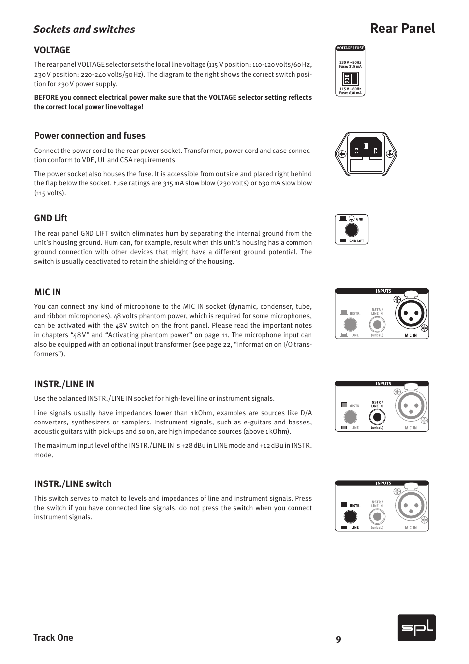 Rear panel, Sockets and switches, 9track one voltage | Power connection and fuses, Gnd lift, Mic in, Instr./line in, Instr./line switch | SPL Track One Channel Strip User Manual | Page 9 / 22