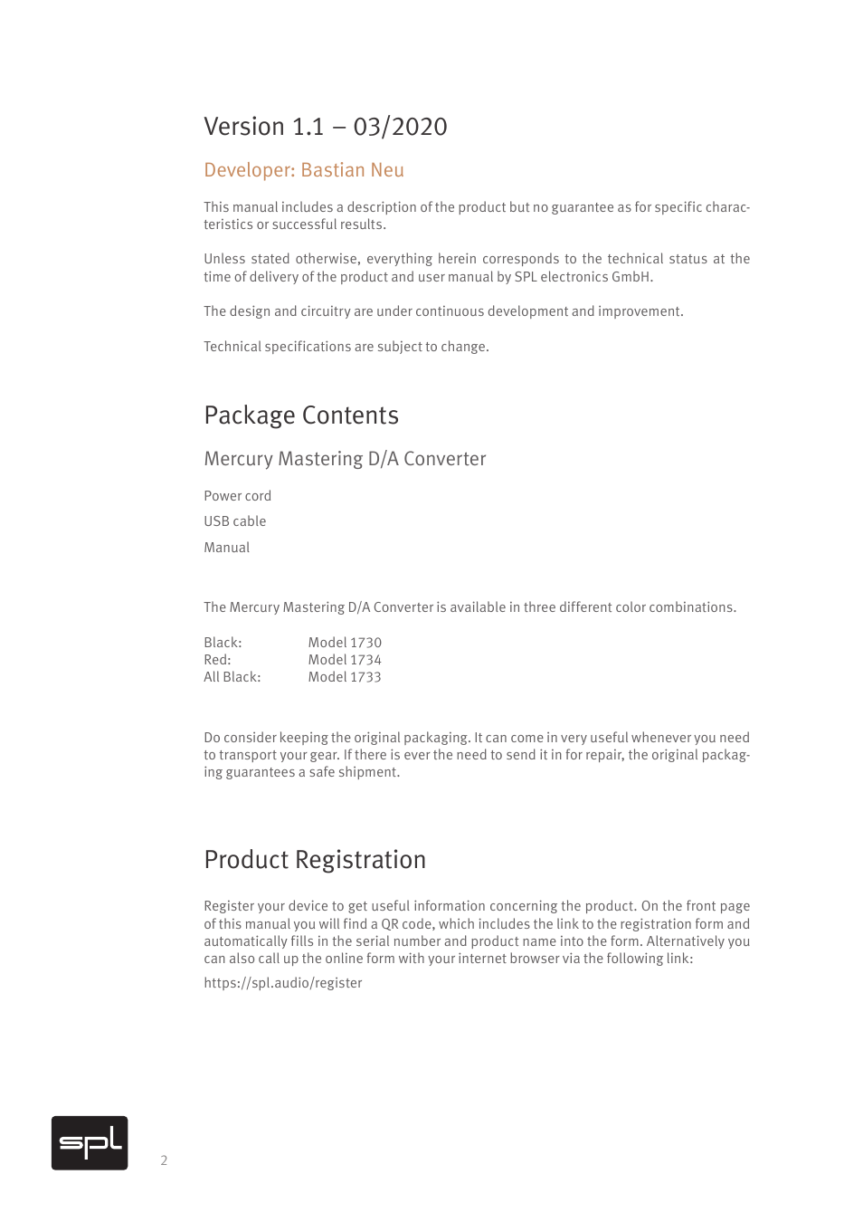 Package contents, Product registration, Developer: bastian neu | Mercury mastering d/a converter | SPL Mercury Mastering D/A Converter (All Black) User Manual | Page 4 / 22