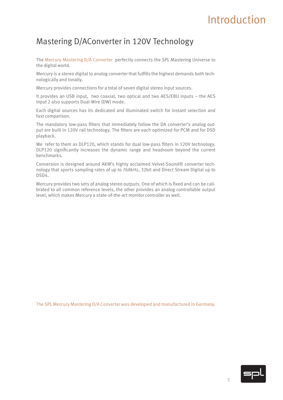 Introduction, Mastering d/aconverter in 120v technology | SPL Mercury Mastering D/A Converter (All Black) User Manual | Page 5 / 22
