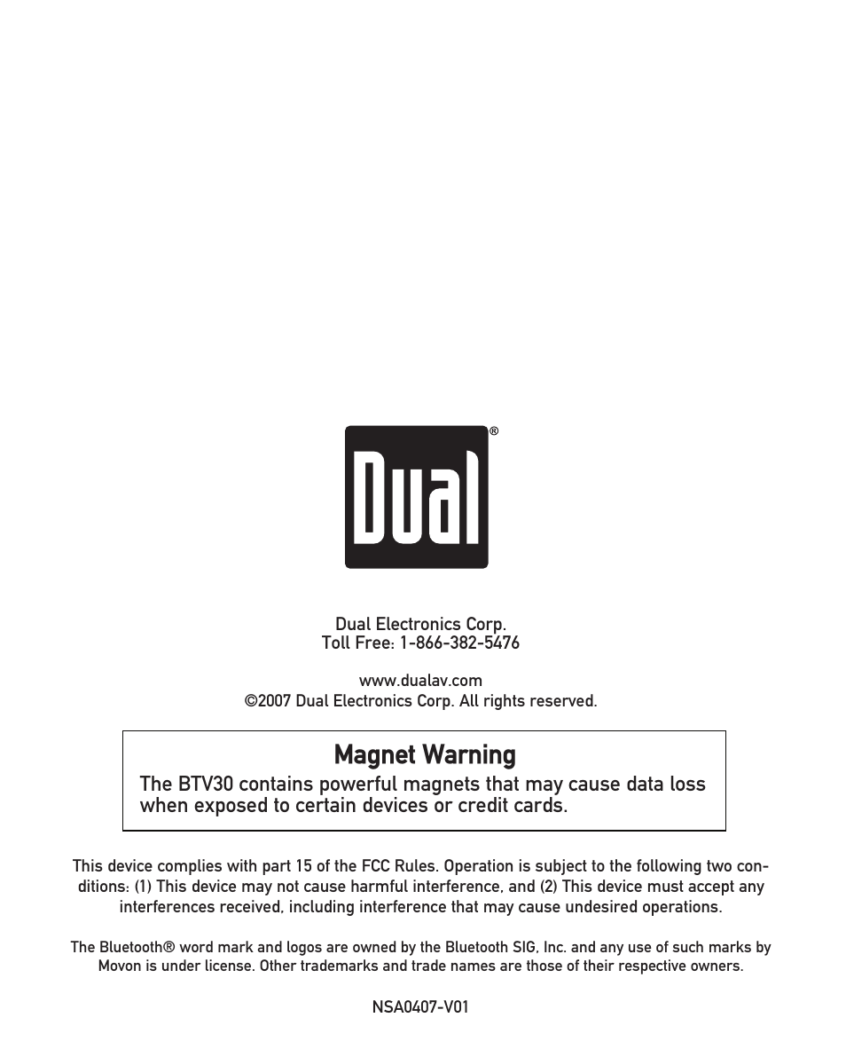 Magnet warning | Dual BTV30 User Manual | Page 12 / 12