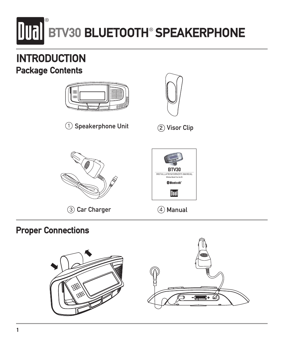 Btv30 bluetooth speakerphone, Introduction | Dual BTV30 User Manual | Page 2 / 12