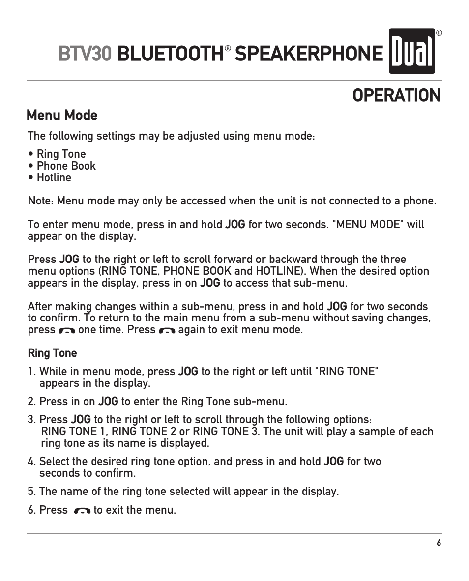 Btv30 bluetooth speakerphone, Operation, Menu mode | Dual BTV30 User Manual | Page 7 / 12