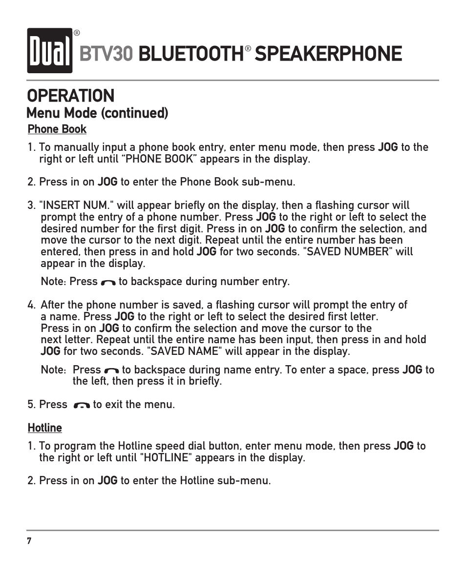 Btv30 bluetooth speakerphone, Operation, Menu mode (continued) | Dual BTV30 User Manual | Page 8 / 12