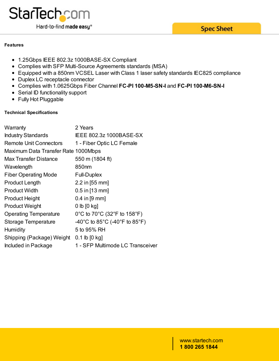 StarTech.com Gigabit 850nm Multi Mode SFP Fiber Optical Transceiver - LC 550m User Manual | Page 2 / 3