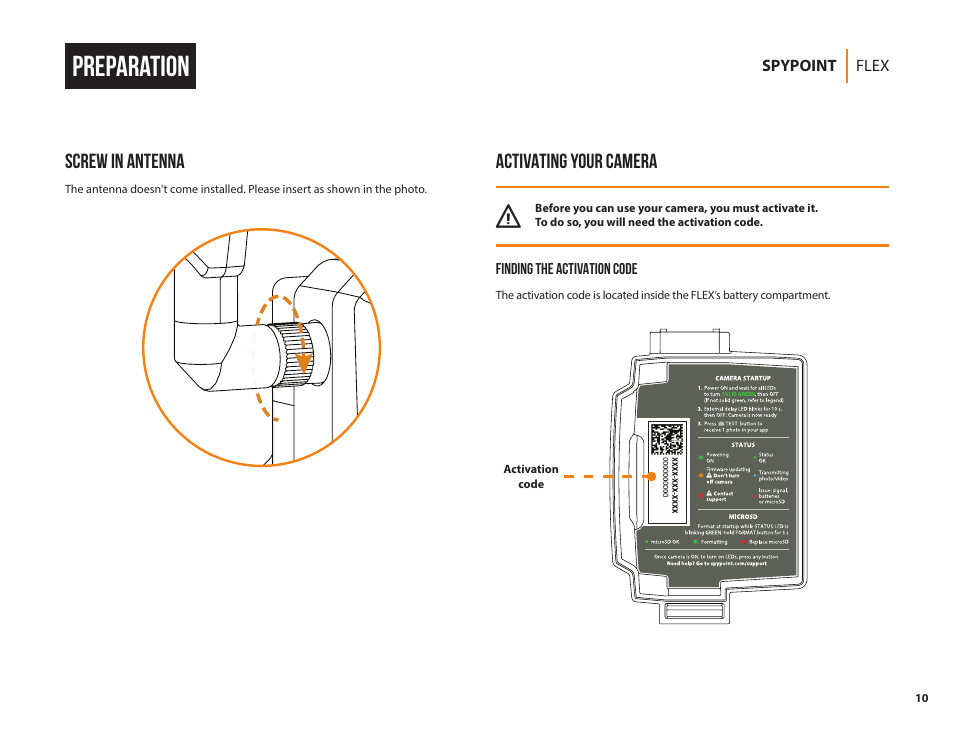Preparation, Screw in antenna, Activating your camera | SPYPOINT FLEX-G36 Cellular Trail Camera (2-Pack) User Manual | Page 10 / 24