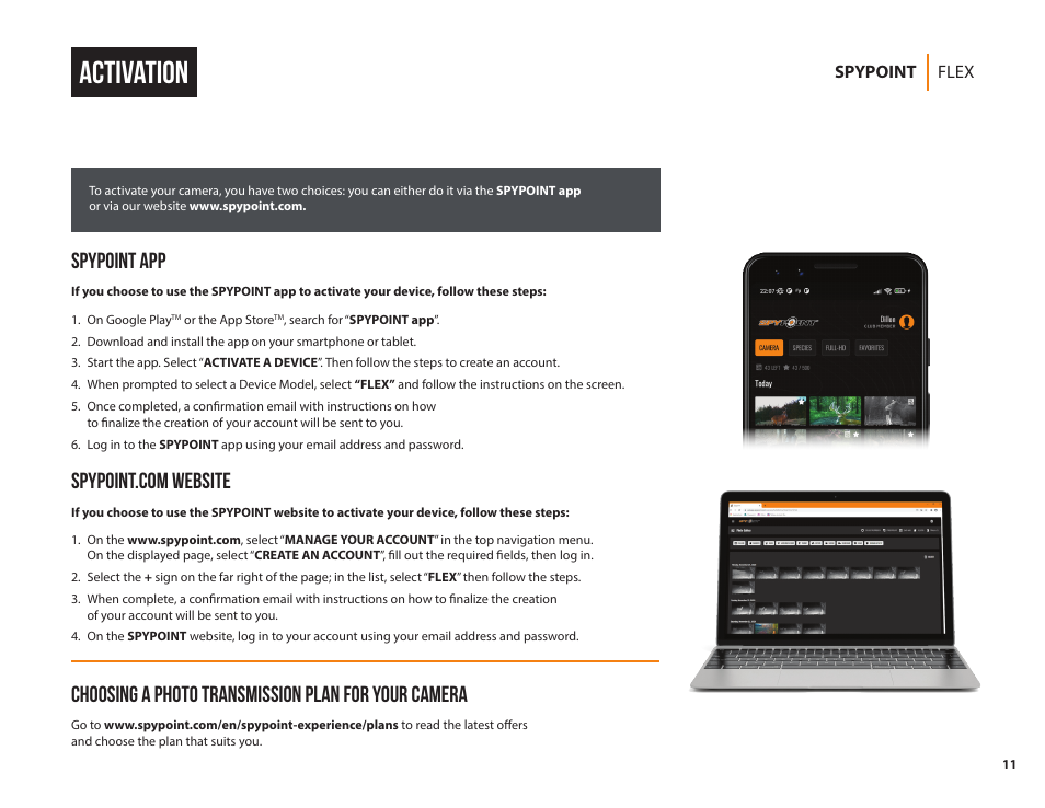Activation, Spypoint app, Choosing a photo transmission plan for your camera | SPYPOINT FLEX-G36 Cellular Trail Camera (2-Pack) User Manual | Page 11 / 24