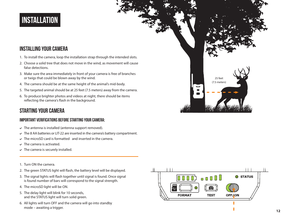 Installation, Installing your camera, Starting your camera | SPYPOINT FLEX-G36 Cellular Trail Camera (2-Pack) User Manual | Page 12 / 24