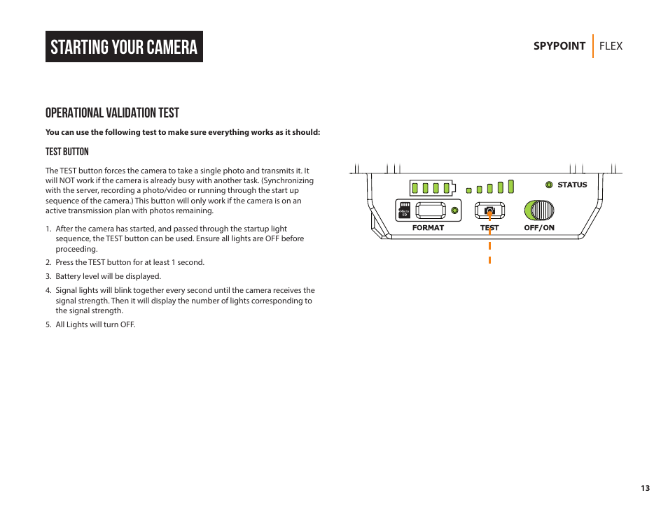 Starting your camera, Operational validation test | SPYPOINT FLEX-G36 Cellular Trail Camera (2-Pack) User Manual | Page 13 / 24