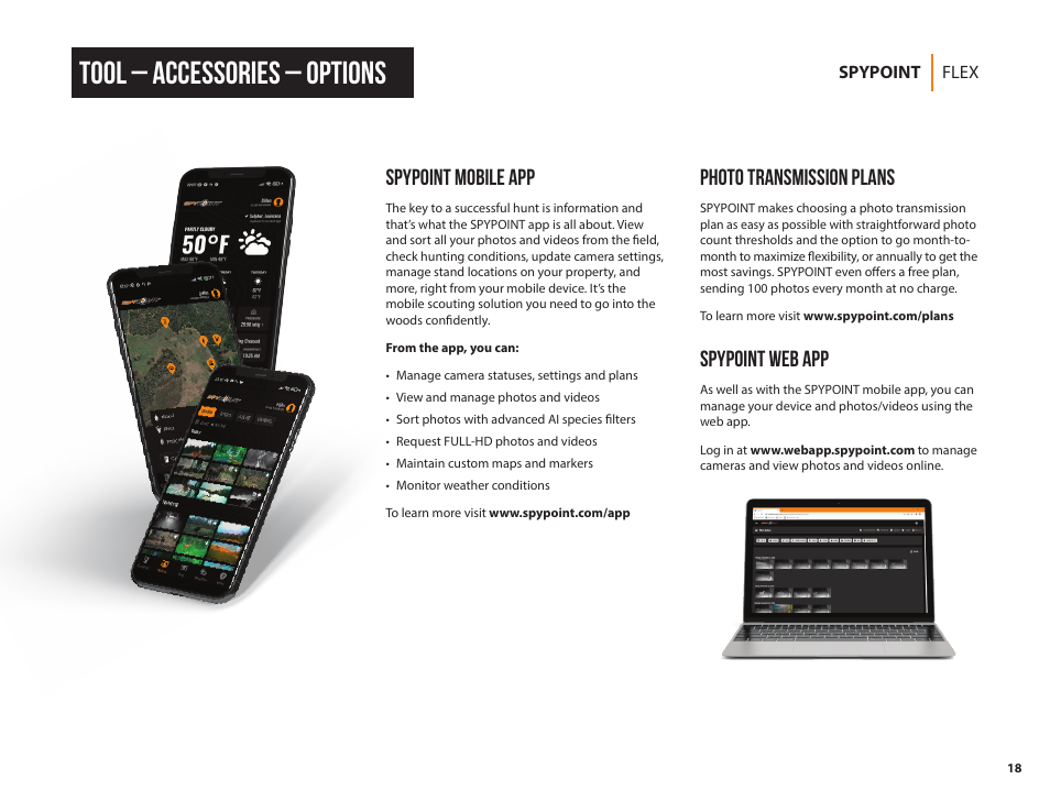 Tool – accessories – options, Spypoint mobile app, Photo transmission plans | Spypoint web app | SPYPOINT FLEX-G36 Cellular Trail Camera (2-Pack) User Manual | Page 18 / 24