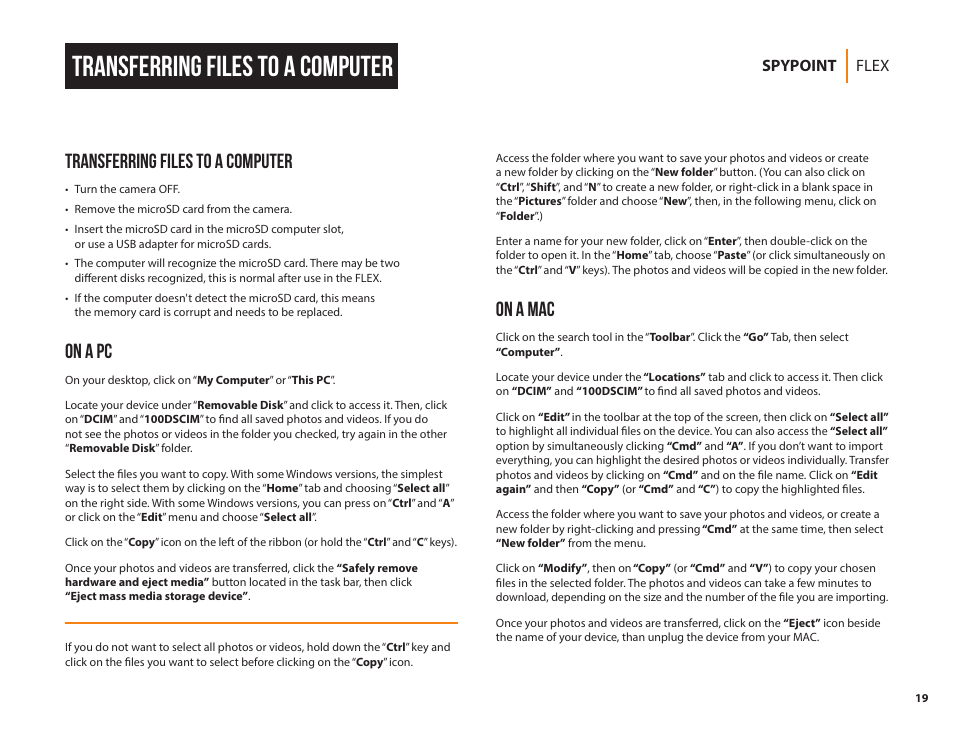 On a mac, Transferring files to a computer, On a pc | Flex spypoint | SPYPOINT FLEX-G36 Cellular Trail Camera (2-Pack) User Manual | Page 19 / 24
