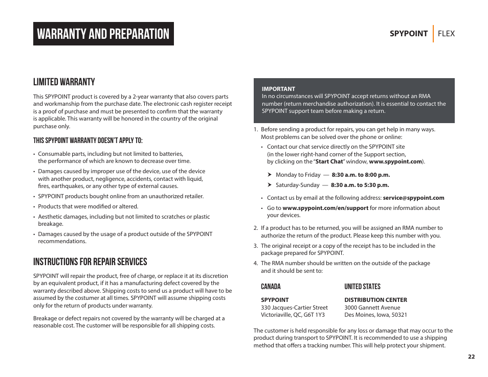 Warranty and preparation, Limited warranty, Instructions for repair services | SPYPOINT FLEX-G36 Cellular Trail Camera (2-Pack) User Manual | Page 22 / 24