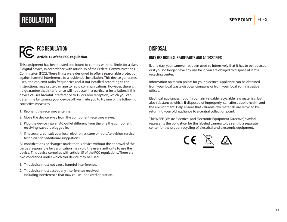 Regulation, Fcc regulation, Disposal | SPYPOINT FLEX-G36 Cellular Trail Camera (2-Pack) User Manual | Page 23 / 24