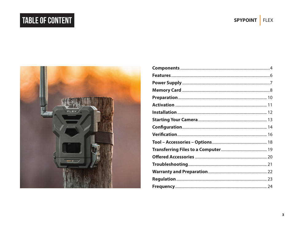 Table of content | SPYPOINT FLEX-G36 Cellular Trail Camera (2-Pack) User Manual | Page 3 / 24