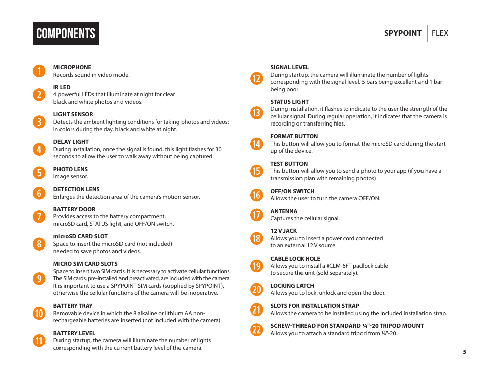 Components, Flex spypoint | SPYPOINT FLEX-G36 Cellular Trail Camera (2-Pack) User Manual | Page 5 / 24