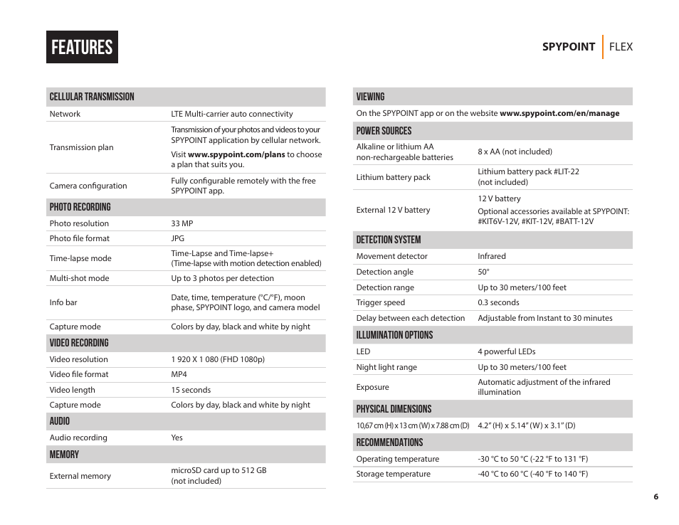 Features | SPYPOINT FLEX-G36 Cellular Trail Camera (2-Pack) User Manual | Page 6 / 24