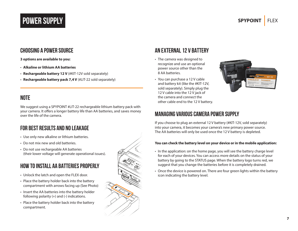 Power supply, Choosing a power source, For best results and no leakage | How to install aa batteries properly, An external 12 v battery, Managing various camera power supply | SPYPOINT FLEX-G36 Cellular Trail Camera (2-Pack) User Manual | Page 7 / 24
