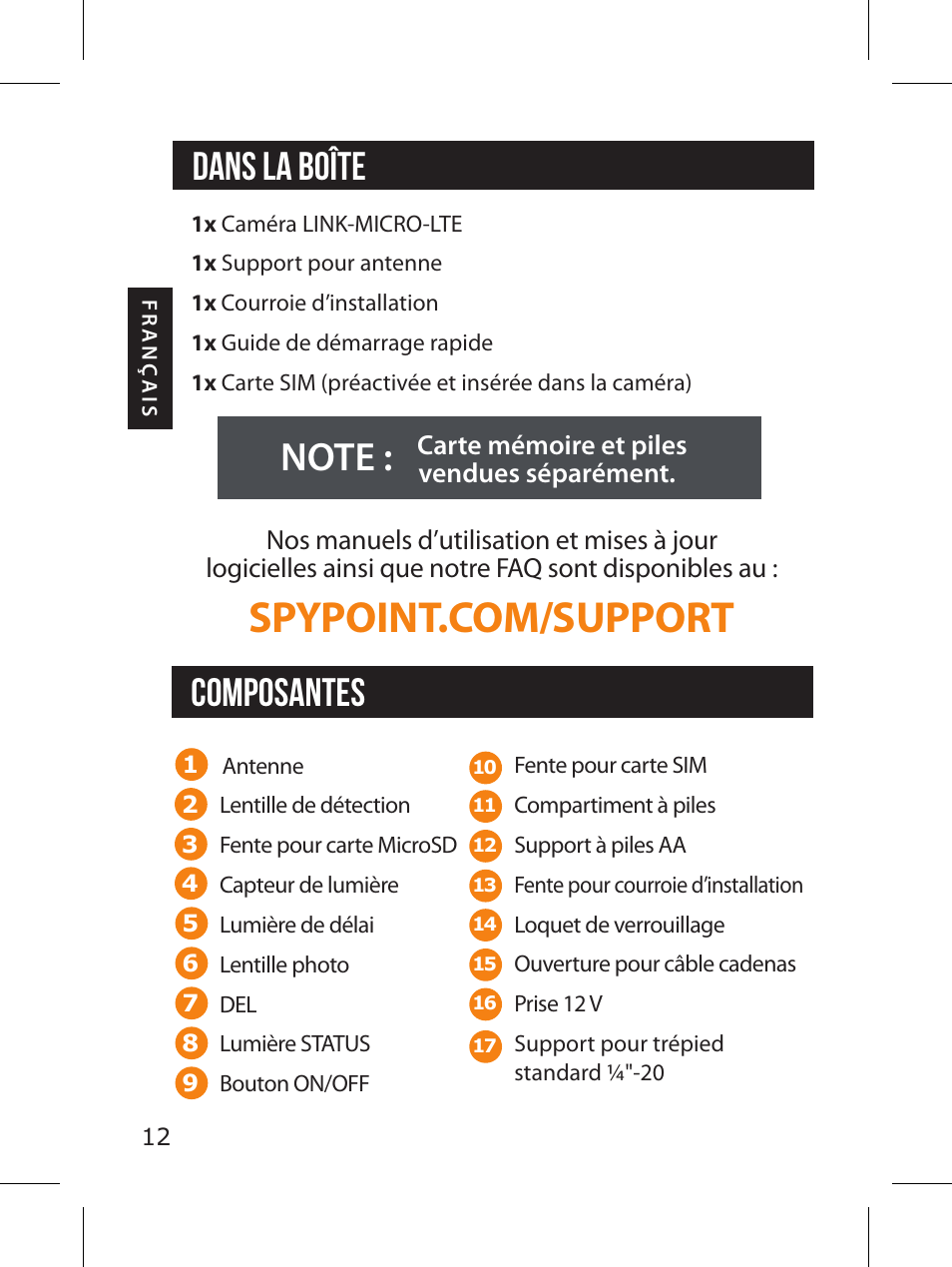 Composantes | SPYPOINT LINK-MICRO-LTE-V Cellular Trail Camera (Verizon Data Plan) User Manual | Page 12 / 92