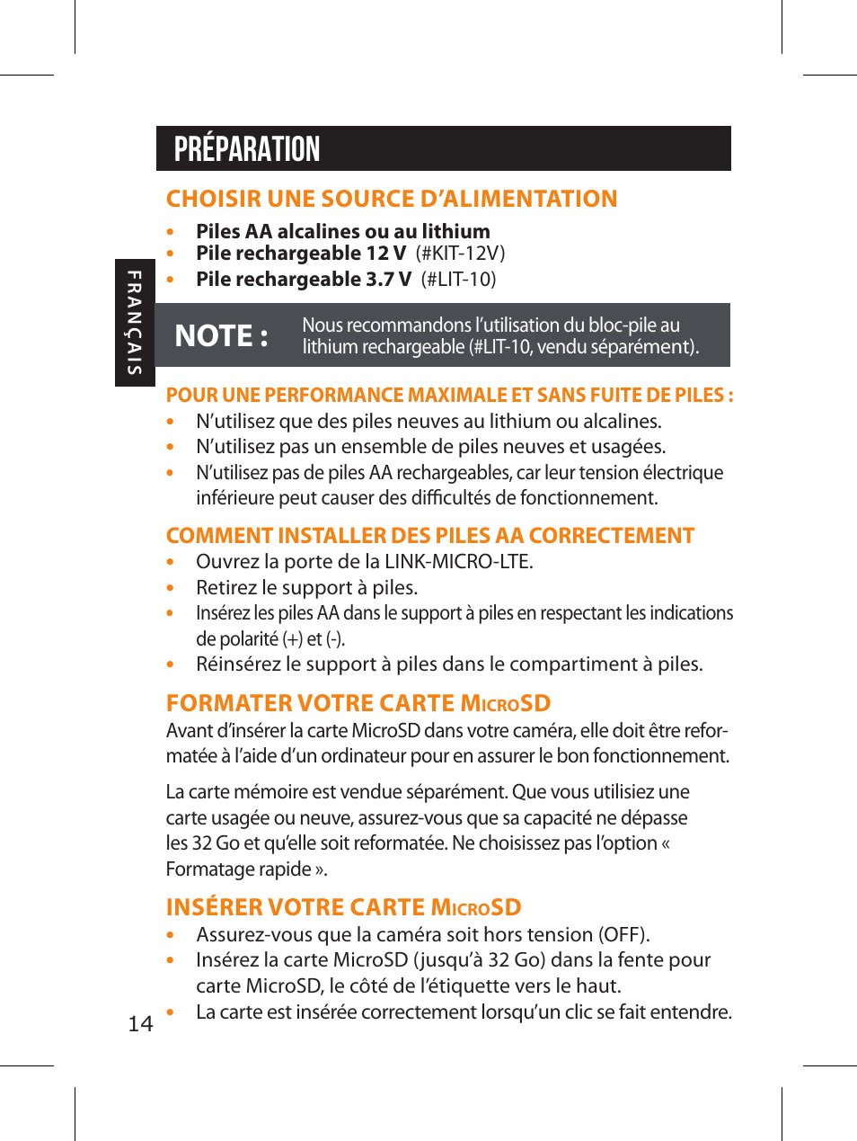 Préparation | SPYPOINT LINK-MICRO-LTE-V Cellular Trail Camera (Verizon Data Plan) User Manual | Page 14 / 92