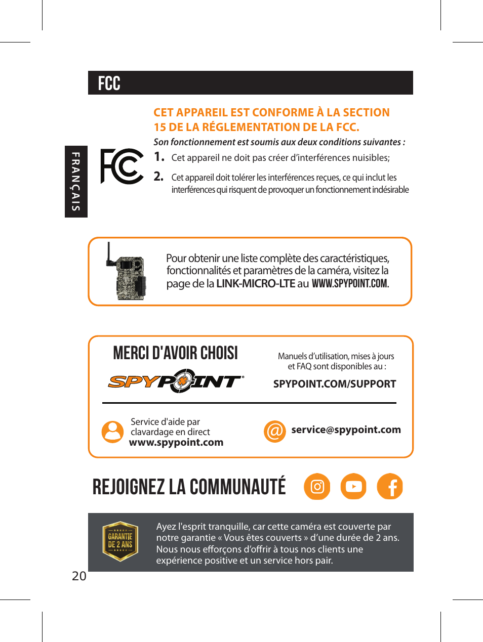 Rejoignez la communauté, Merci d'avoir choisi | SPYPOINT LINK-MICRO-LTE-V Cellular Trail Camera (Verizon Data Plan) User Manual | Page 20 / 92