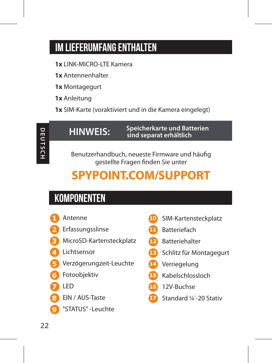 Im lieferumfang enthalten, Komponenten, Hinweis | SPYPOINT LINK-MICRO-LTE-V Cellular Trail Camera (Verizon Data Plan) User Manual | Page 22 / 92