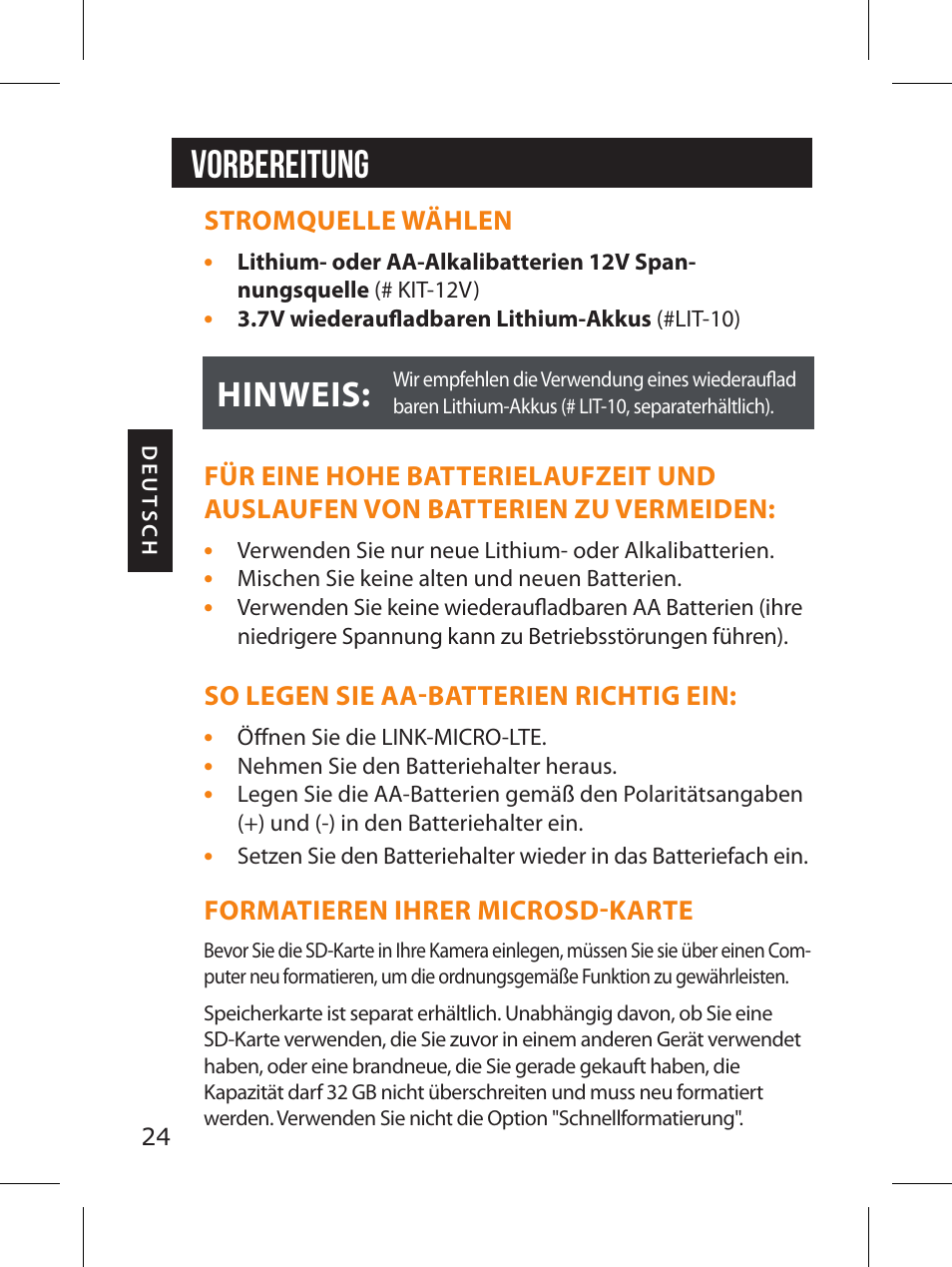 Vorbereitung, Hinweis | SPYPOINT LINK-MICRO-LTE-V Cellular Trail Camera (Verizon Data Plan) User Manual | Page 24 / 92