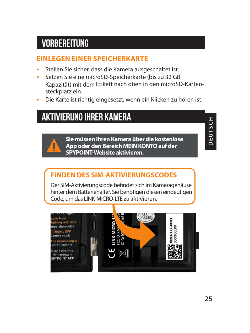 Vorbereitung, Aktivierung ihrer kamera | SPYPOINT LINK-MICRO-LTE-V Cellular Trail Camera (Verizon Data Plan) User Manual | Page 25 / 92