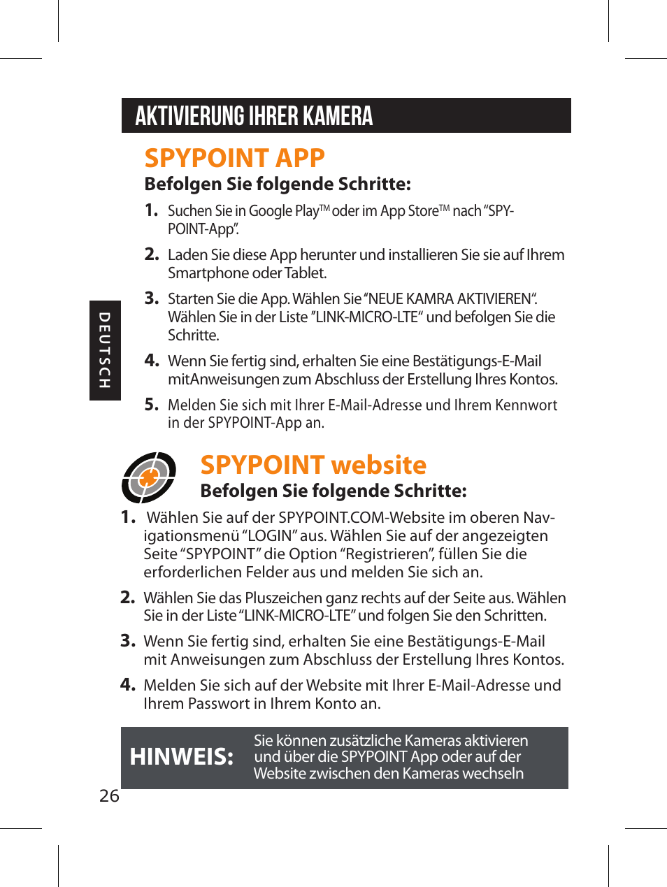 Spypoint website, Aktivierung ihrer kamera, Spypoint app | Hinweis | SPYPOINT LINK-MICRO-LTE-V Cellular Trail Camera (Verizon Data Plan) User Manual | Page 26 / 92