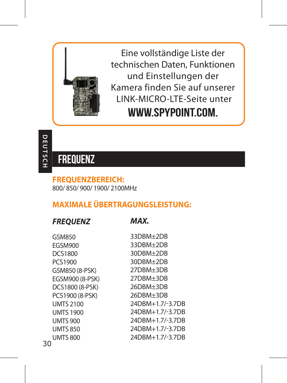 Frequenz | SPYPOINT LINK-MICRO-LTE-V Cellular Trail Camera (Verizon Data Plan) User Manual | Page 30 / 92