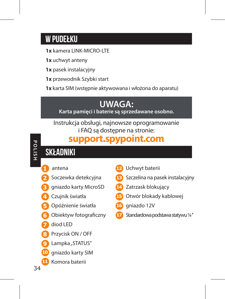 W pudełku uwaga, Składniki | SPYPOINT LINK-MICRO-LTE-V Cellular Trail Camera (Verizon Data Plan) User Manual | Page 34 / 92