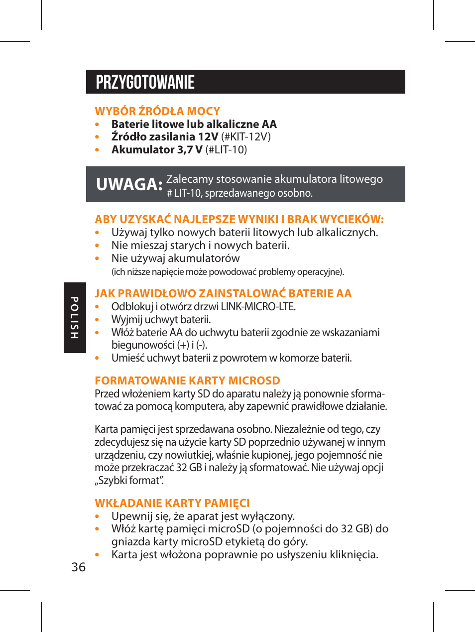 Przygotowanie, Uwaga | SPYPOINT LINK-MICRO-LTE-V Cellular Trail Camera (Verizon Data Plan) User Manual | Page 36 / 92