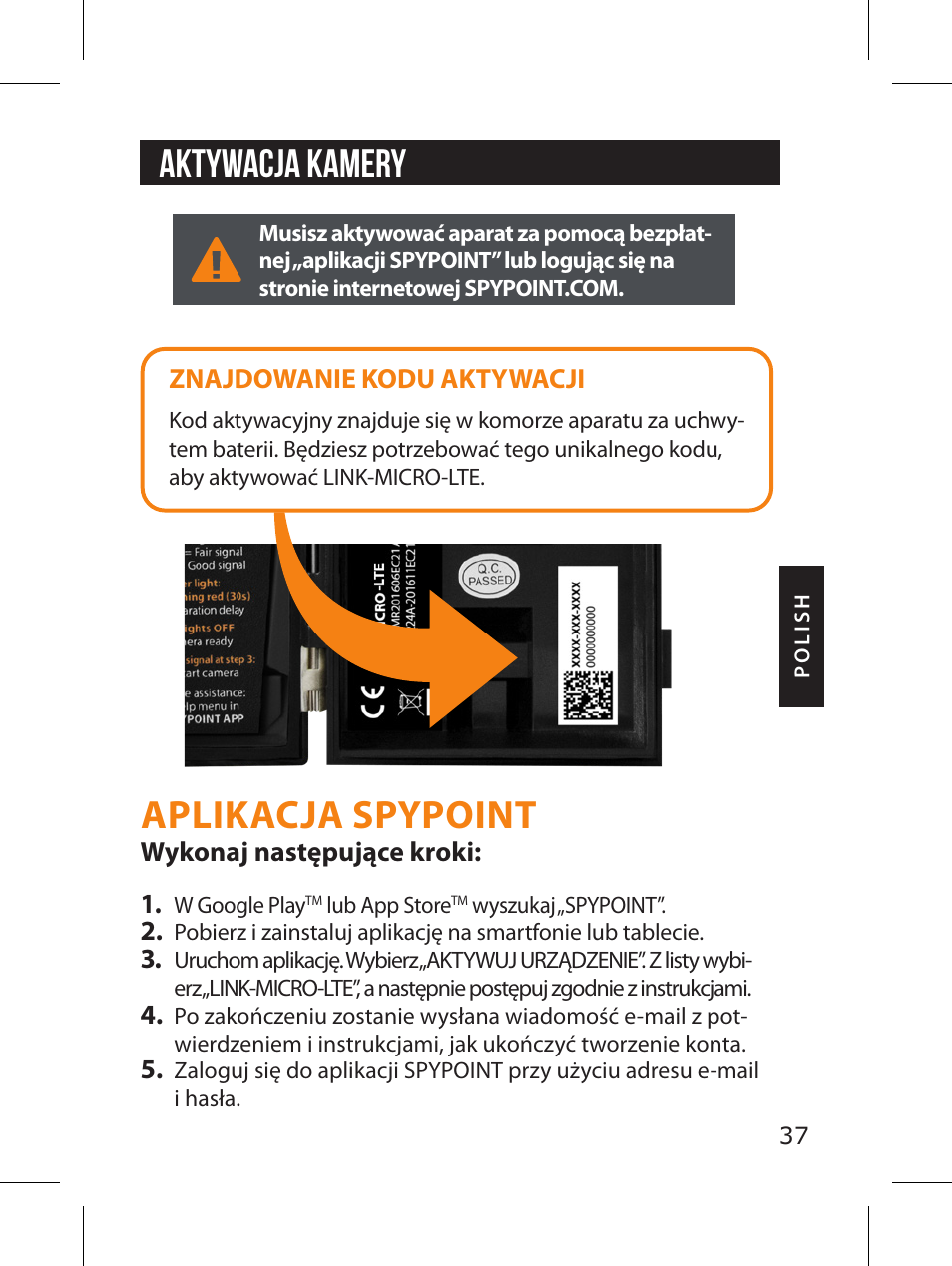 Aplikacja spypoint, Aktywacja kamery | SPYPOINT LINK-MICRO-LTE-V Cellular Trail Camera (Verizon Data Plan) User Manual | Page 37 / 92