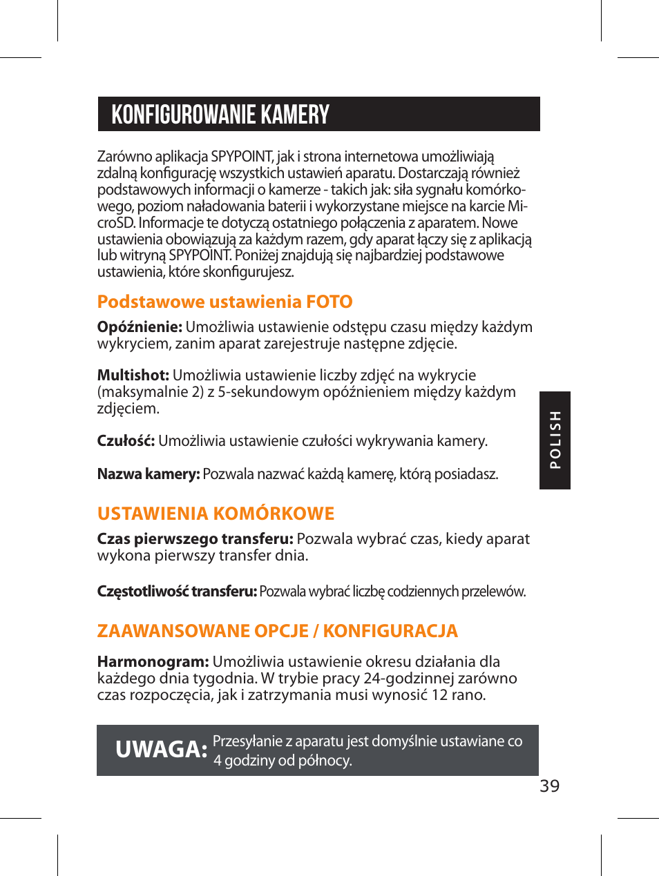 Konfigurowanie kamery, Uwaga | SPYPOINT LINK-MICRO-LTE-V Cellular Trail Camera (Verizon Data Plan) User Manual | Page 39 / 92