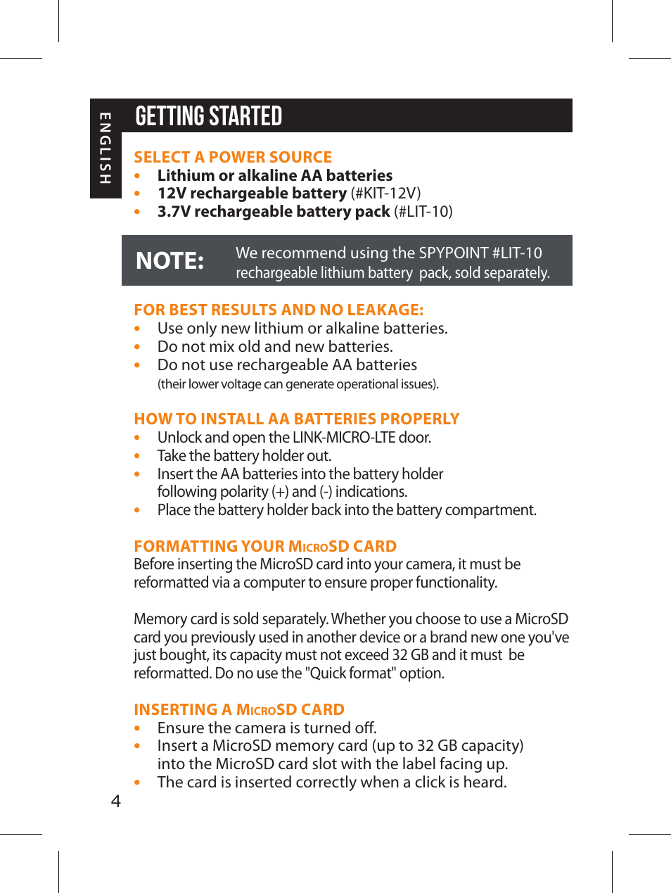 Getting started | SPYPOINT LINK-MICRO-LTE-V Cellular Trail Camera (Verizon Data Plan) User Manual | Page 4 / 92