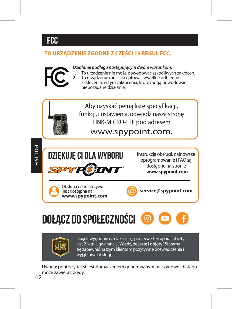 Dołącz do społeczności, Fcc dziękuję ci dla wyboru | SPYPOINT LINK-MICRO-LTE-V Cellular Trail Camera (Verizon Data Plan) User Manual | Page 42 / 92