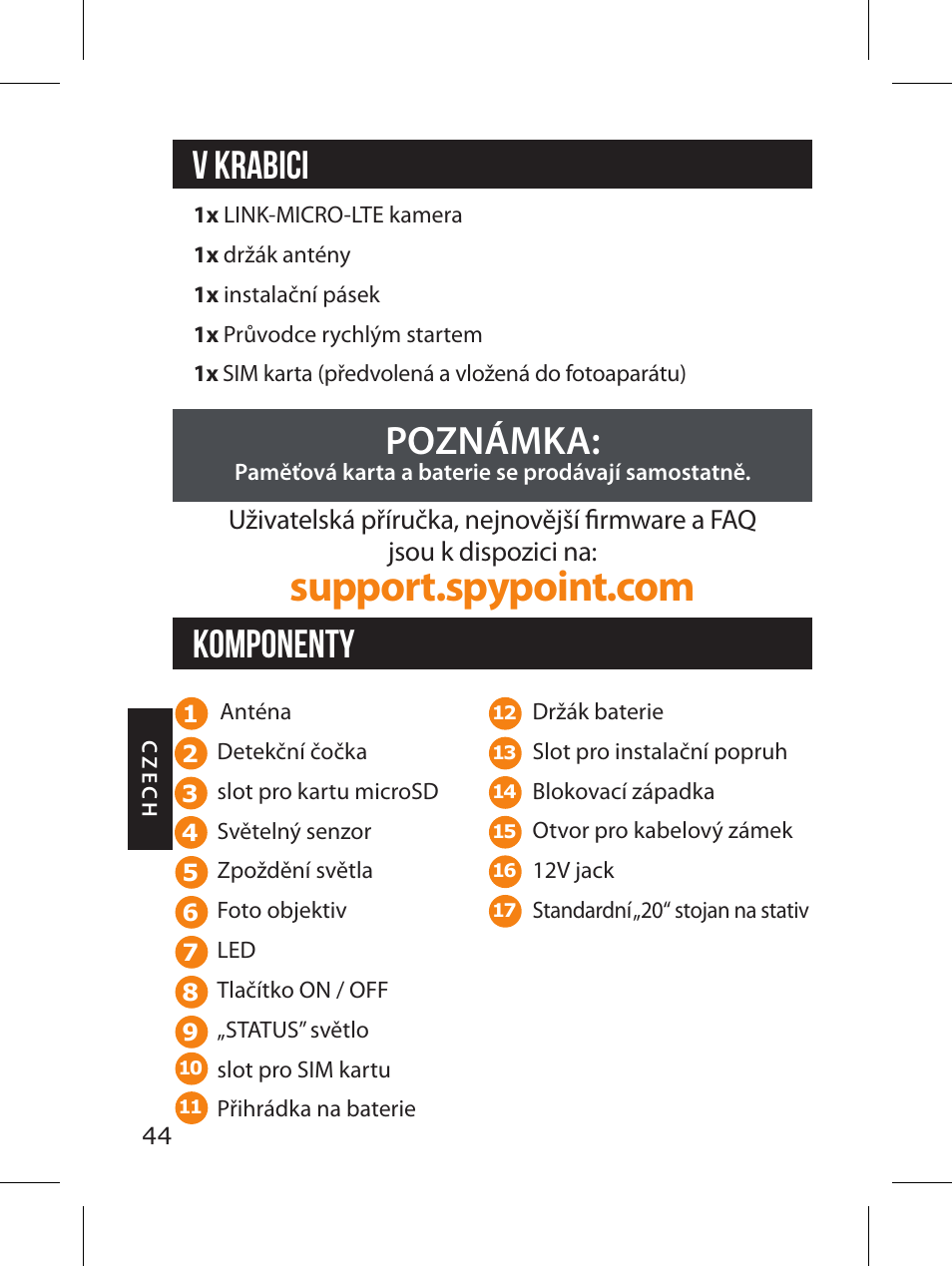 V krabici poznámka, Komponenty | SPYPOINT LINK-MICRO-LTE-V Cellular Trail Camera (Verizon Data Plan) User Manual | Page 44 / 92