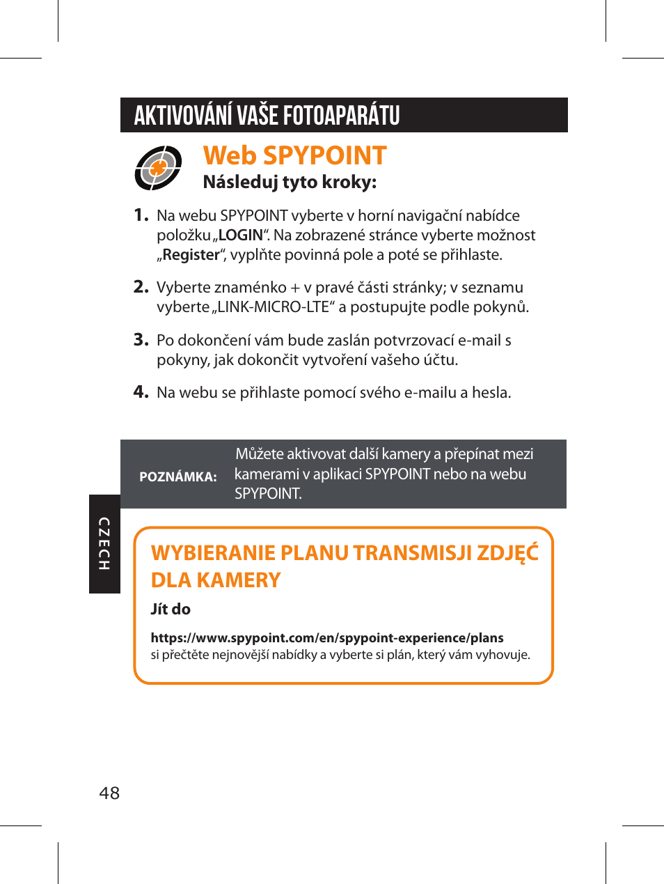 Web spypoint, Aktivování vaše fotoaparátu, Wybieranie planu transmisji zdjęć dla kamery | SPYPOINT LINK-MICRO-LTE-V Cellular Trail Camera (Verizon Data Plan) User Manual | Page 48 / 92