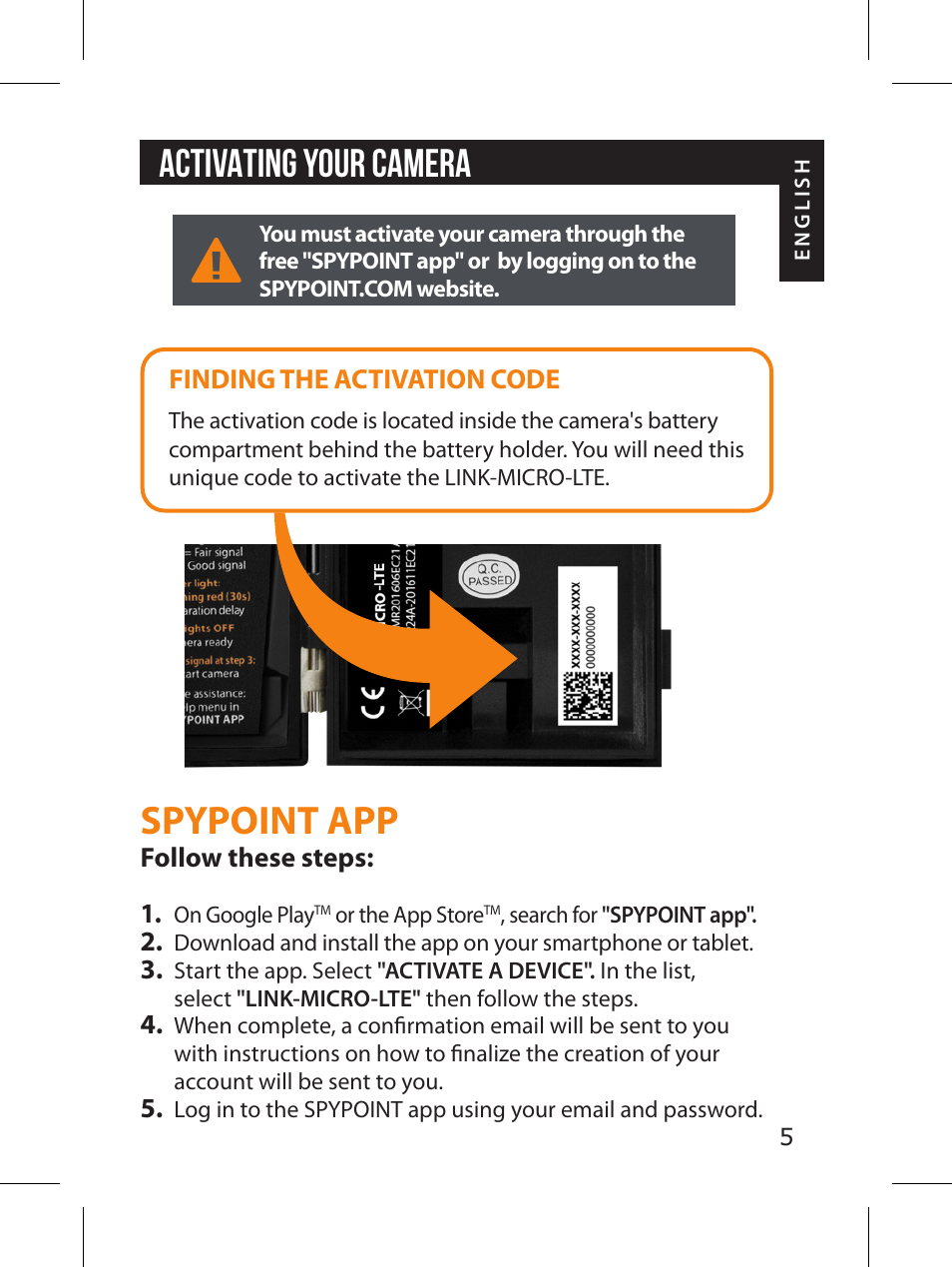 Spypoint app, Activating your camera | SPYPOINT LINK-MICRO-LTE-V Cellular Trail Camera (Verizon Data Plan) User Manual | Page 5 / 92