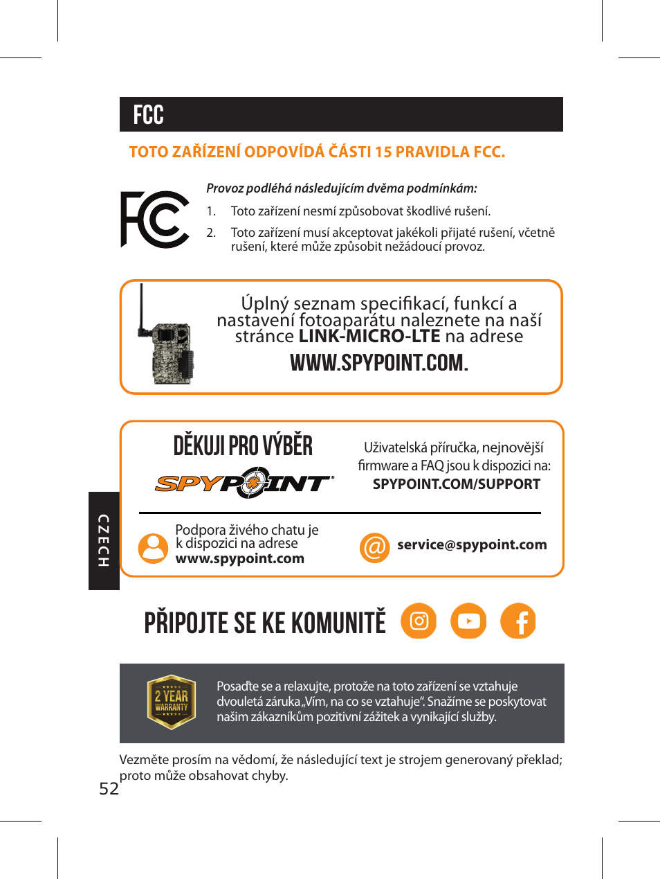 Připojte se ke komunitě, Fcc děkuji pro výběr | SPYPOINT LINK-MICRO-LTE-V Cellular Trail Camera (Verizon Data Plan) User Manual | Page 52 / 92