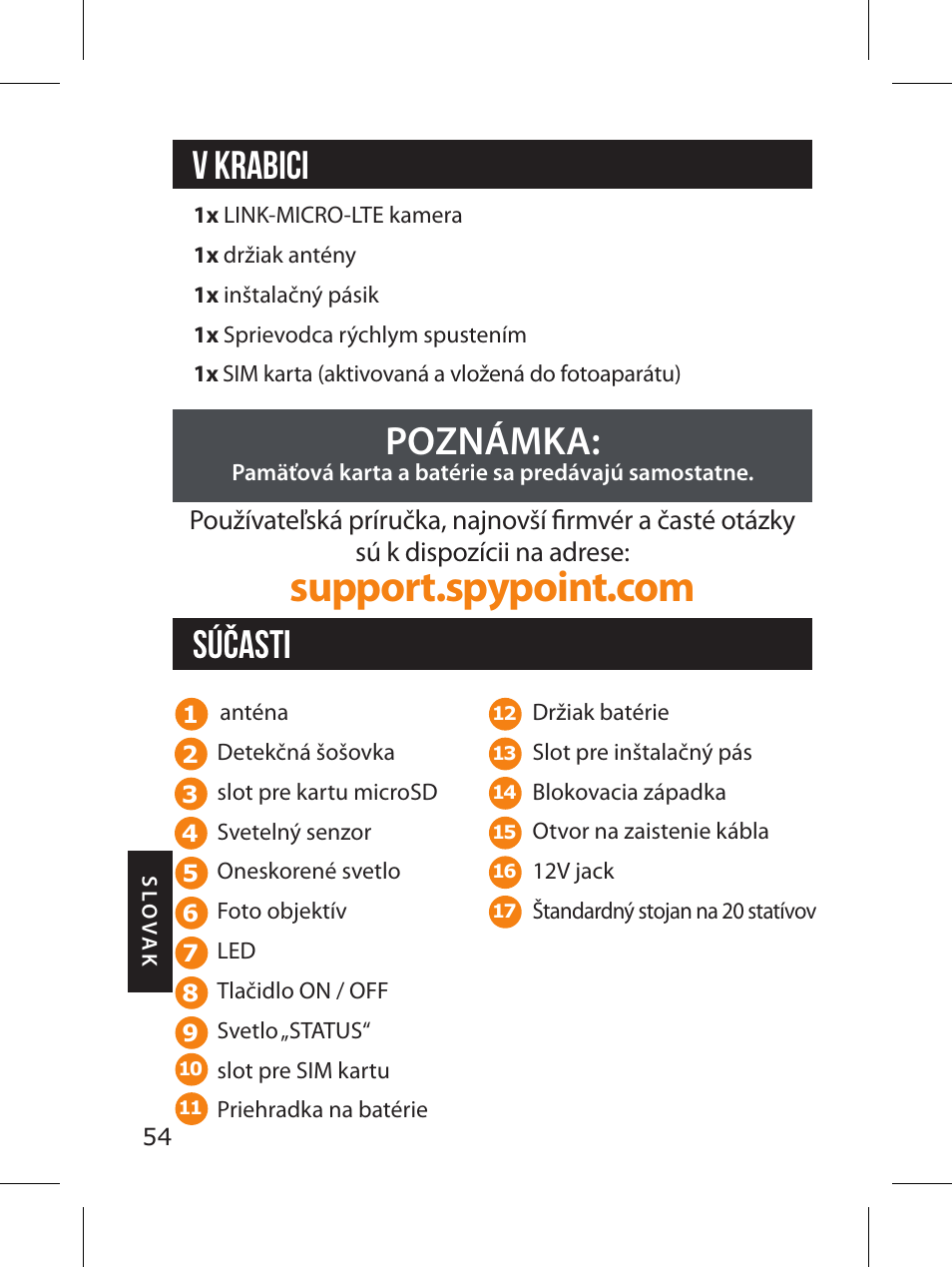 V krabici poznámka, Súčasti | SPYPOINT LINK-MICRO-LTE-V Cellular Trail Camera (Verizon Data Plan) User Manual | Page 54 / 92