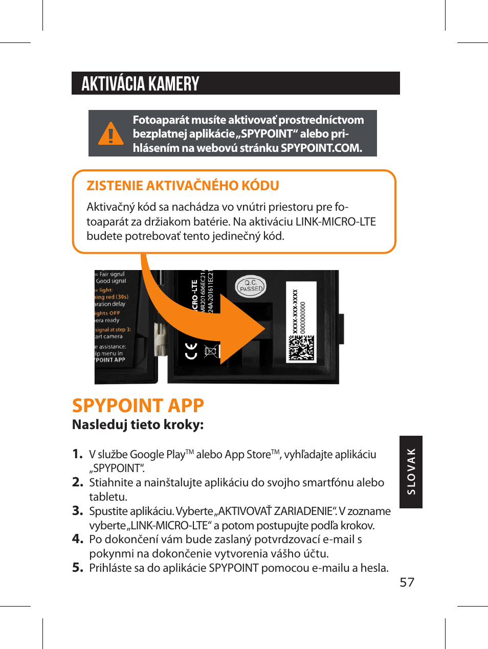 Spypoint app, Aktivácia kamery | SPYPOINT LINK-MICRO-LTE-V Cellular Trail Camera (Verizon Data Plan) User Manual | Page 57 / 92