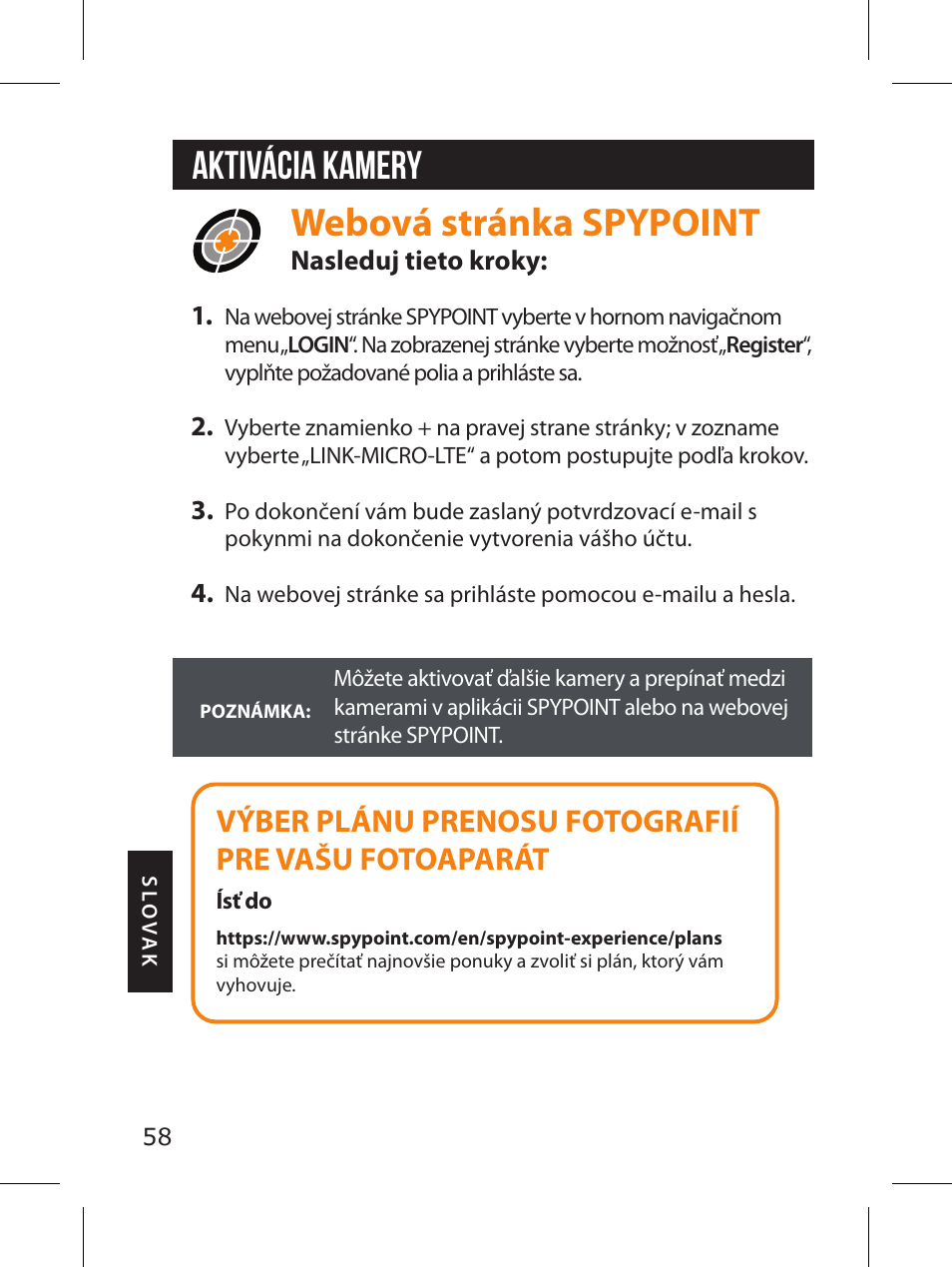 Webová stránka spypoint, Aktivácia kamery, Výber plánu prenosu fotografií pre vašu fotoaparát | SPYPOINT LINK-MICRO-LTE-V Cellular Trail Camera (Verizon Data Plan) User Manual | Page 58 / 92