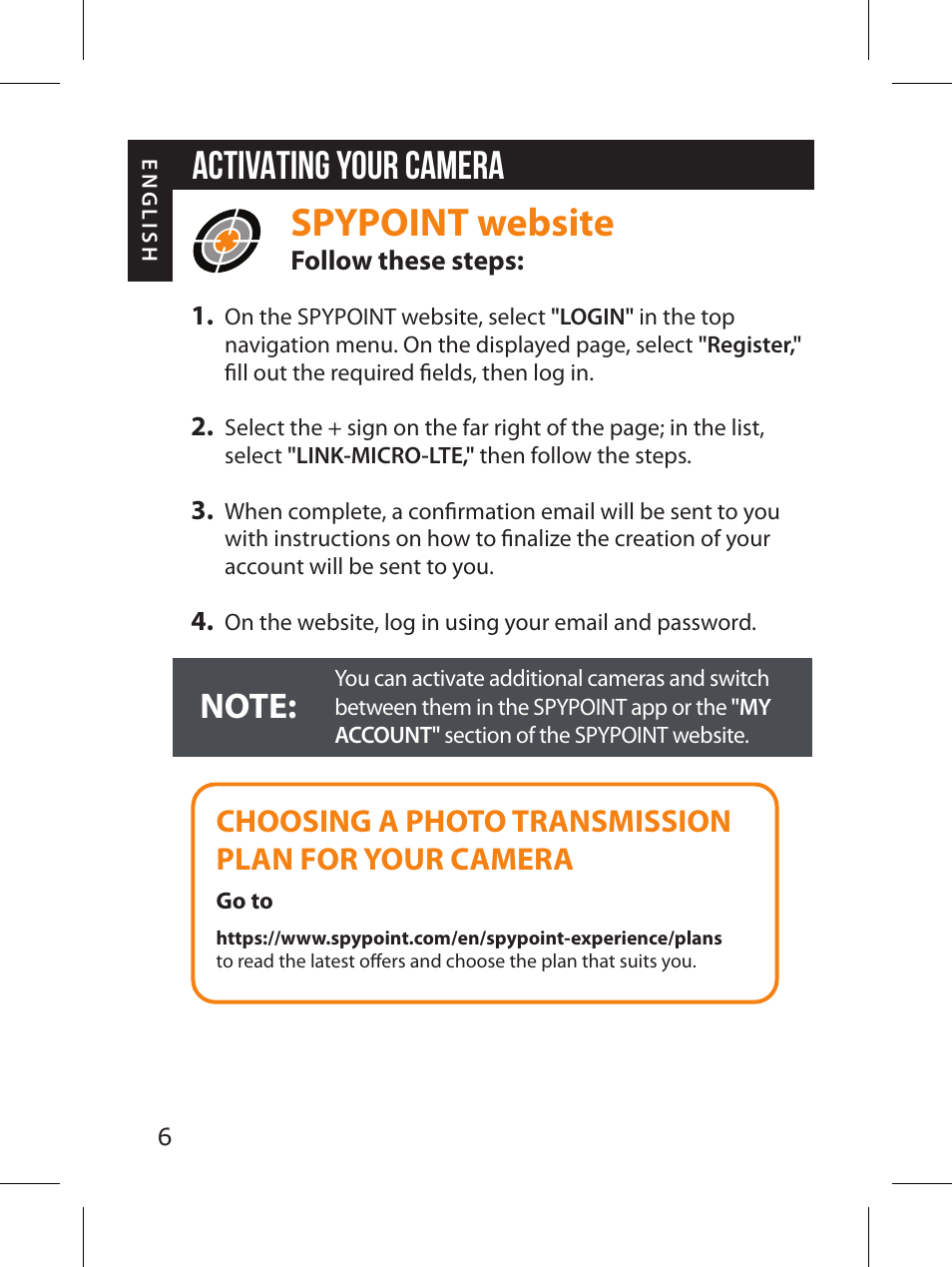 Spypoint website, Activating your camera, Choosing a photo transmission plan for your camera | SPYPOINT LINK-MICRO-LTE-V Cellular Trail Camera (Verizon Data Plan) User Manual | Page 6 / 92