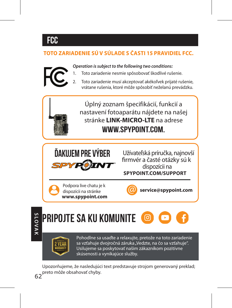 Pripojte sa ku komunite, Fcc ďakujem pre výber | SPYPOINT LINK-MICRO-LTE-V Cellular Trail Camera (Verizon Data Plan) User Manual | Page 62 / 92